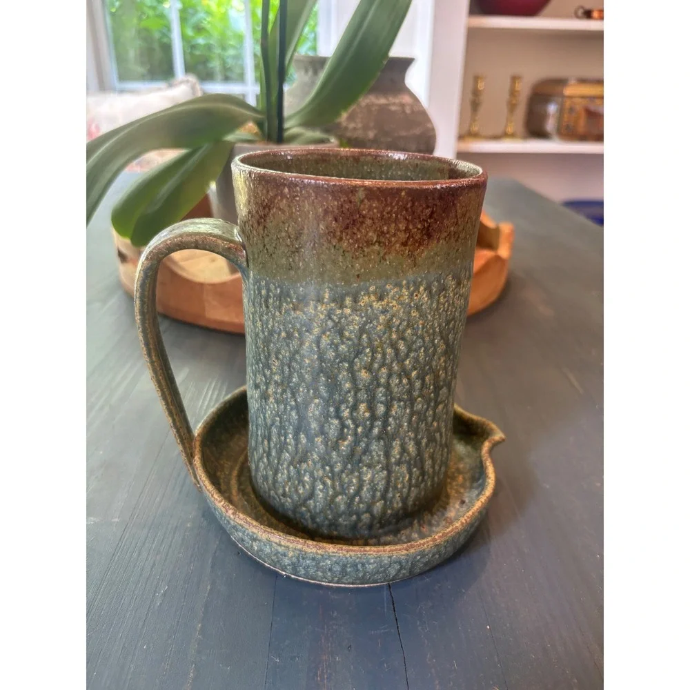 Handmade Studio Pottery Bacon Cooker Mug Textured Glaze Green Brown Artisan LSH